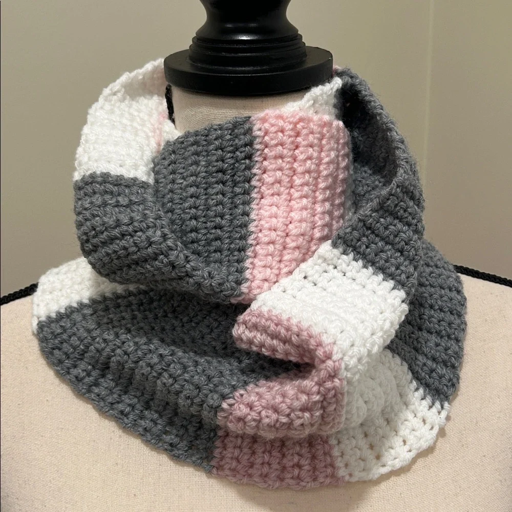 Striped Knit Scarf - Pink, Gray, and White